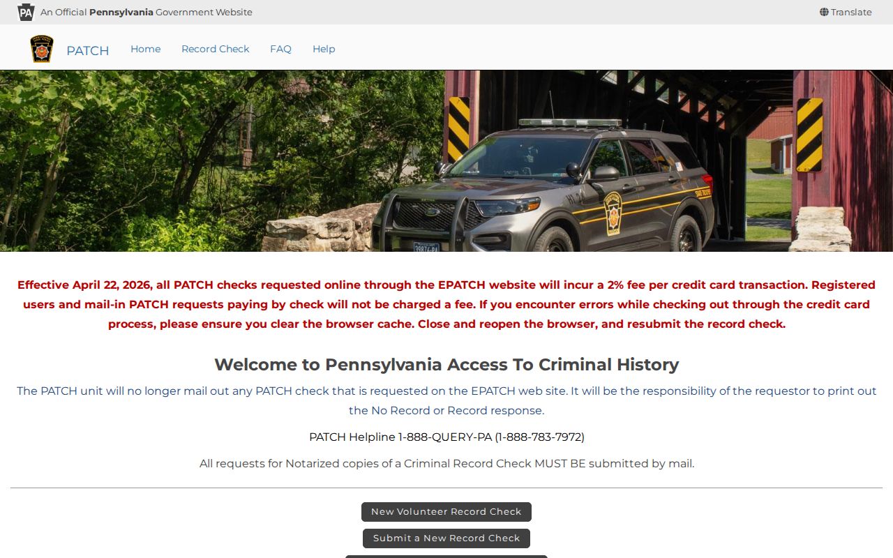 Northampton County criminal history request launch page in PATCH